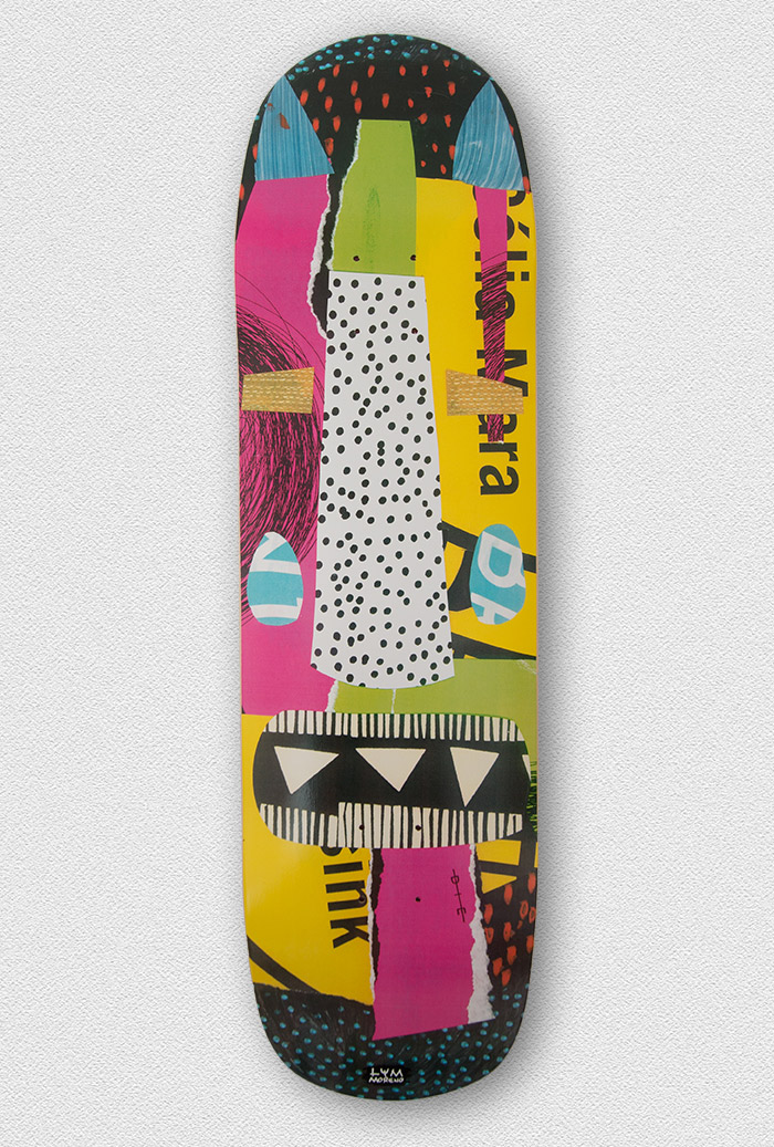 Backside of skateboard with graphic.