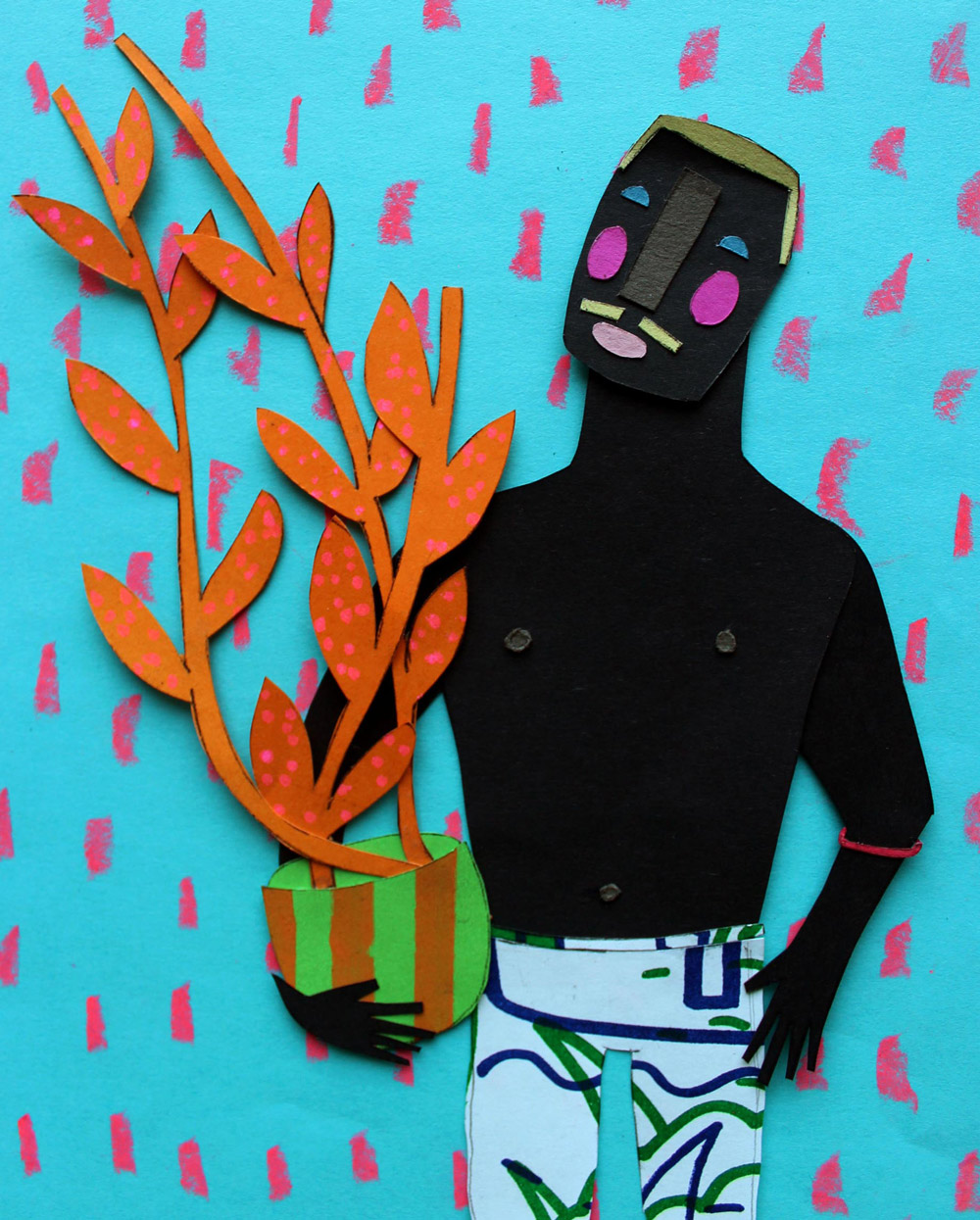 Paper character: Man holding plant.