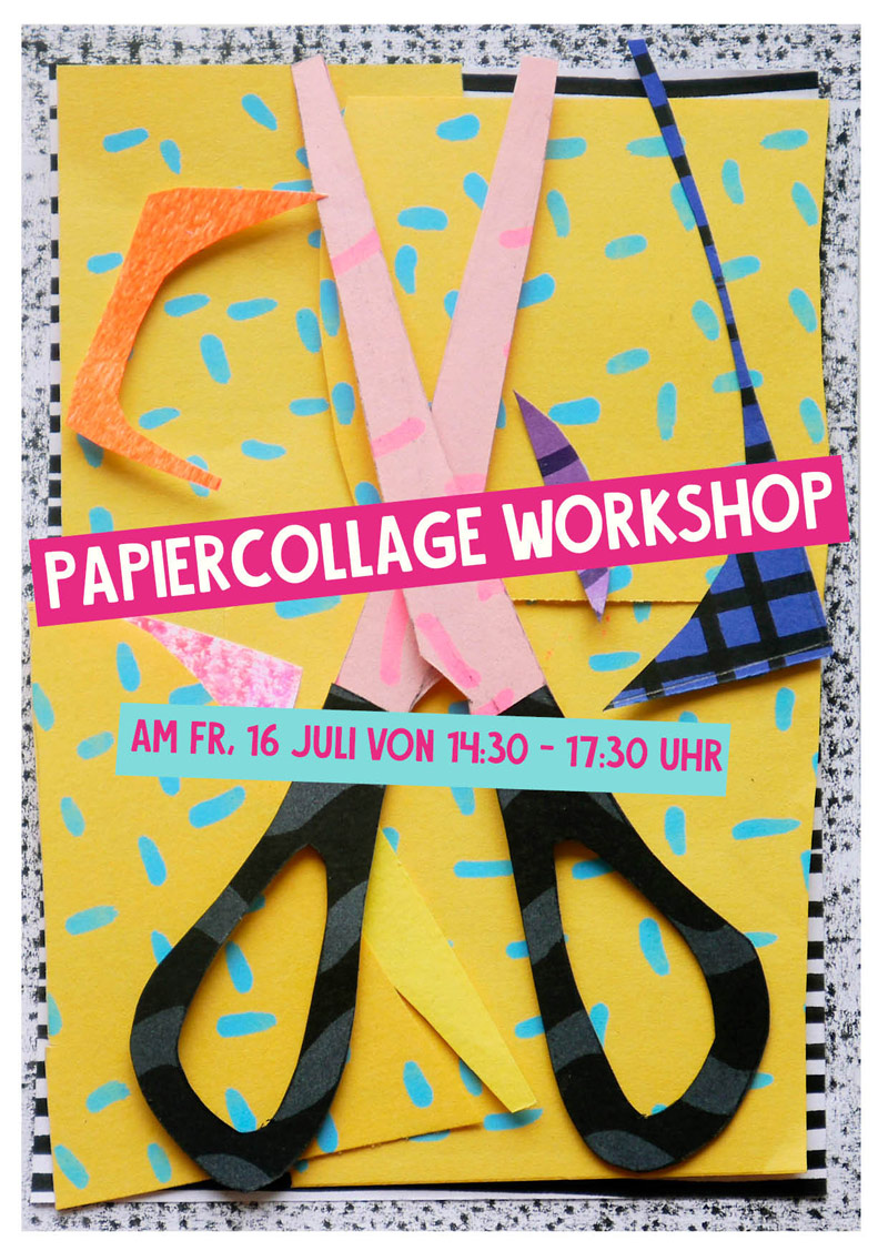 Paper cut out collage flyerillustration: Scissor and paper scraps.