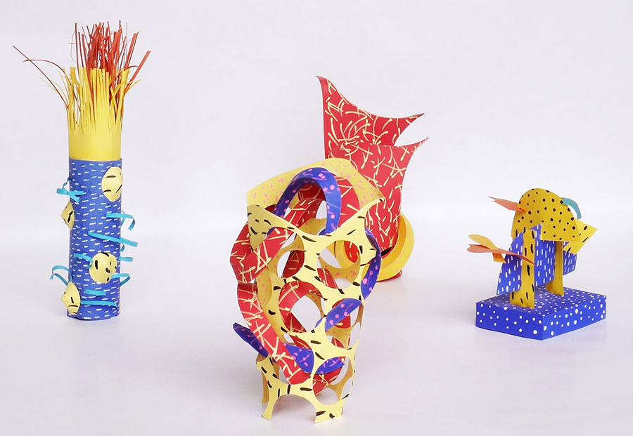 4 colourful paper sculptures.