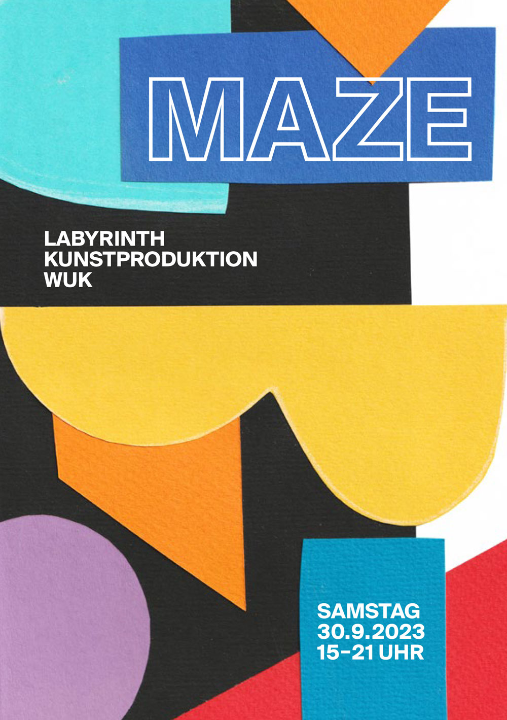 Flyer for the MAZE event, open studio day. The digital flyer features an illustration depicting various abstract geometric shapes made of paper.