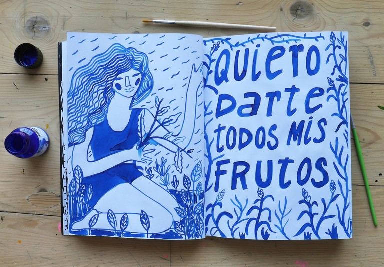 Blue ink drawing on paper