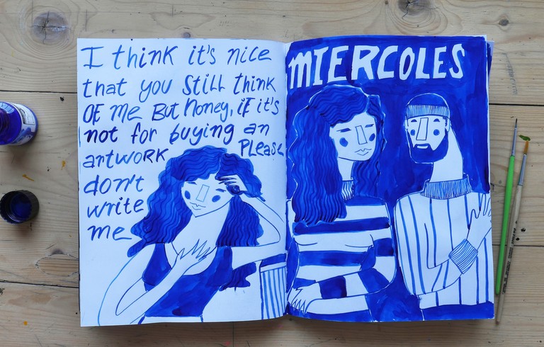 Blue ink drawing on paper