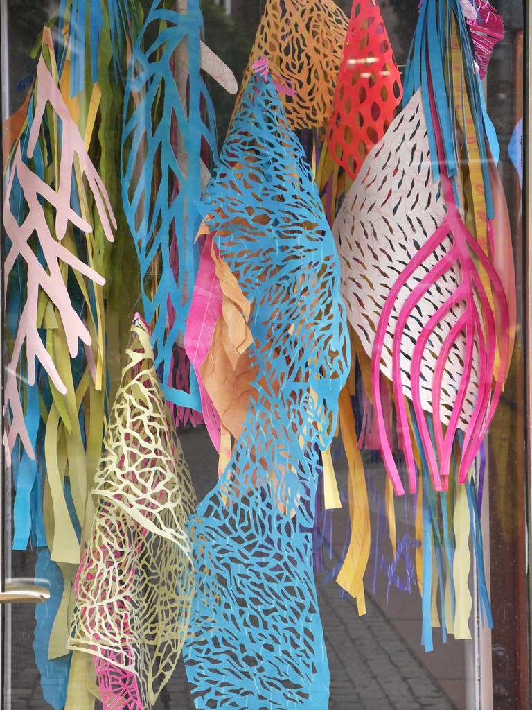 Public Installation. Colorful paper shape, leafs, corals